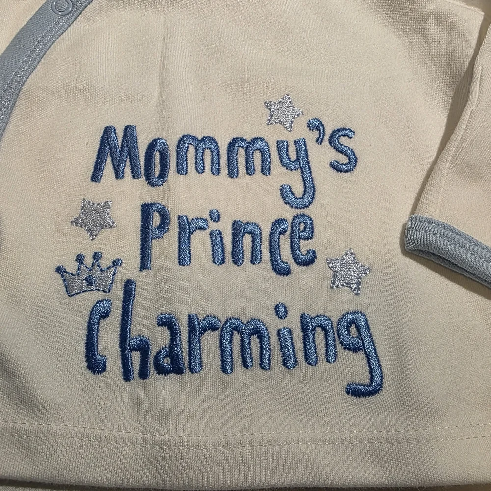 Embroidered White and Blue Baby Shirt Mommy's Prince Charming NWOT